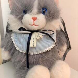 Kawaii Realistic Grey Cat Plush Backpack Purse